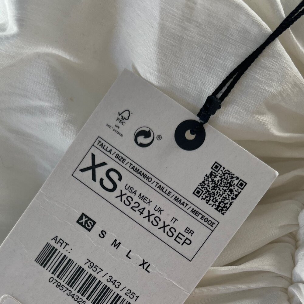 NWT Zara White Ruffle Sleeve Linen Blend Mini Ruched Dress Lace Up tie detail XS - Picture 14 of 15